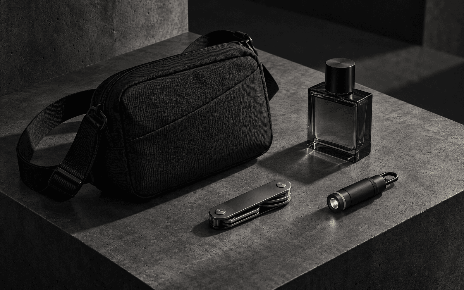 Black sling, metal key organiser, compact light and fragrance bottle arranged on dark concrete